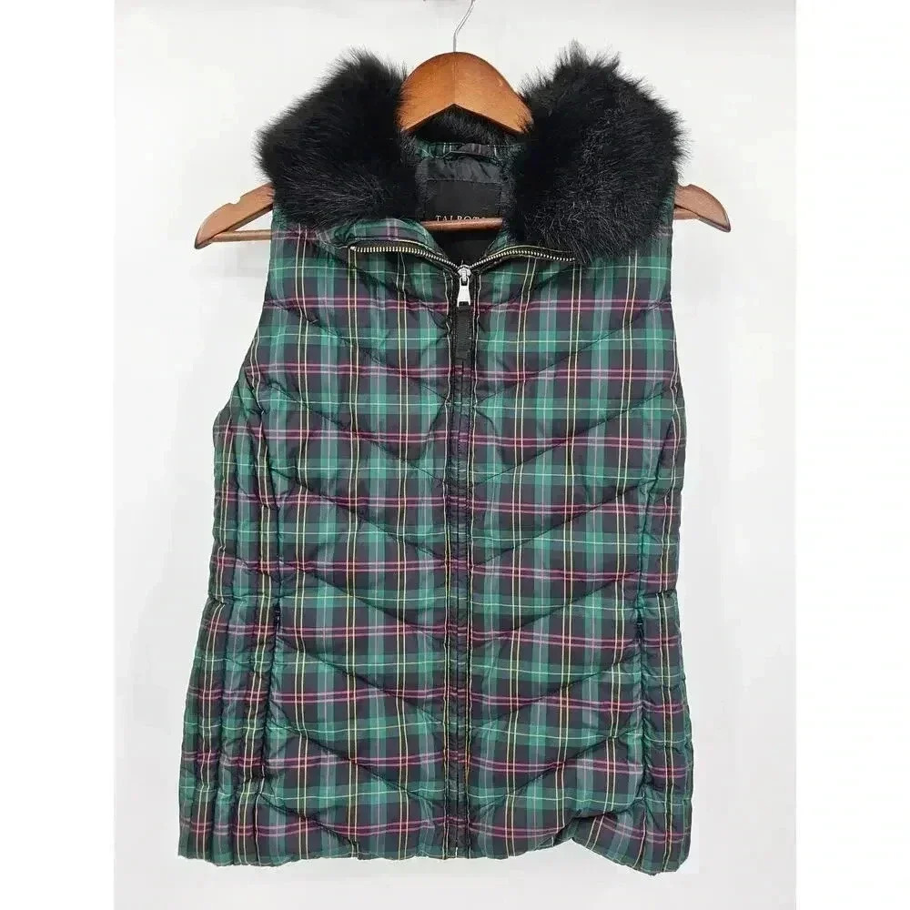 Talbots Women's Size S Tartan Plaid Puffer Vest w/Detachable Fur Collar